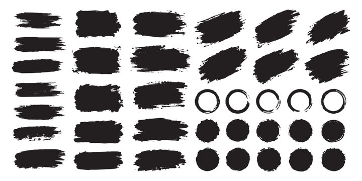 Set of black grunge paint brush strokes. Dirty ink texture banners and rough roller background shapes vector illustration. Curved black ink brush strokes set grunge vector. Black highlighter brush 