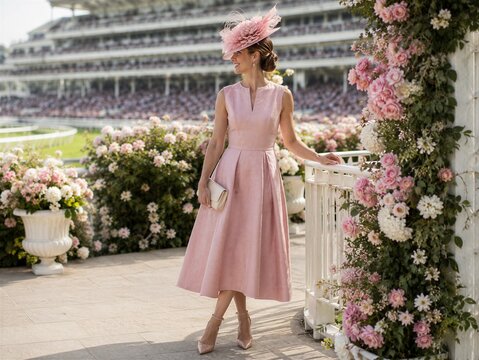 Woman in pink dress and hat at horse racing event. Elegant lady attending derby competition. Concept of formal fashion, floral garden decoration and upscale outdoor leisure activity.