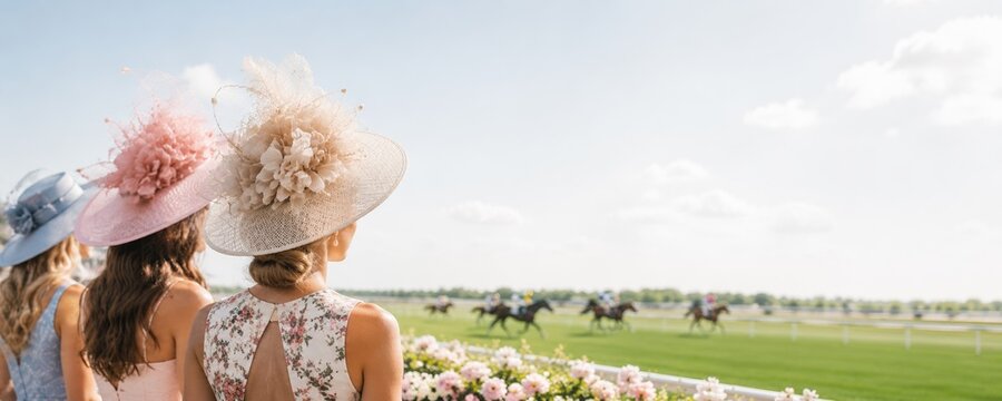 Women wearing decorative hats watching horse racing. Elegance at racecourse. Spectators at equestrian sport event looking at galloping horses. Summer leisure, social lifestyle, fashion.