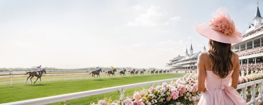 Woman in pink dress and elegant hat watching horse race at sunny racetrack. Spectator at equestrian sport event. Traditional social gathering, luxury lifestyle and leisure activity.