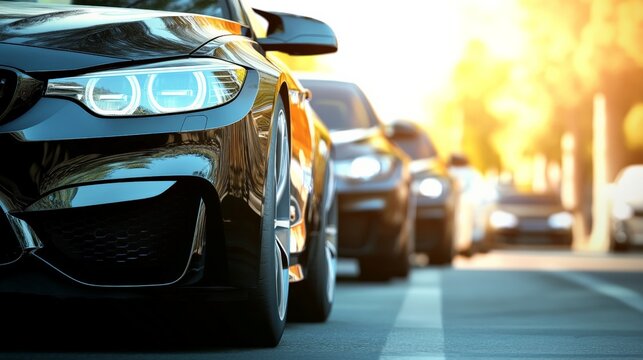 Luxury cars navigating through heavy traffic on a busy road at sunset, embodying the essence of urban life and the challenges of modern commuting and congestion