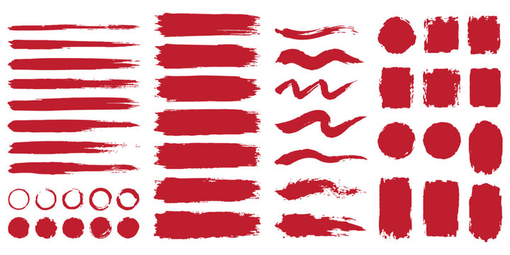 Set of red paint brush strokes and grunge texture swatches collection vector illustration for creative background design. Hand drawn rough dry brush strokes wavy lines and zigzags charcoal chalk textu