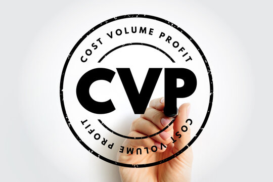 CVP stamp with hand holding marker, featuring COST VOLUME PROFIT wording around bold initials, representing financial modeling, planning factors and business analysis within a circular framed design
