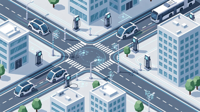 Smart city intersection with autonomous vehicles and digital infrastructure in modern urban environment