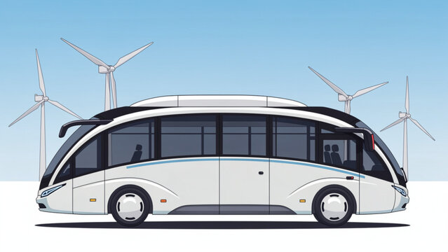 Modern white autonomous shuttle bus with large windows and sleek design in urban setting