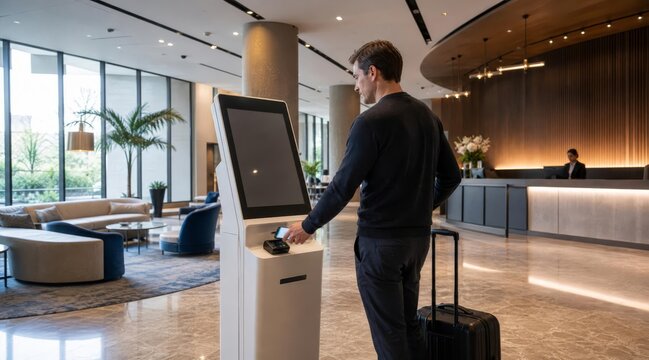 Guest using contactless payment at hotel kiosk