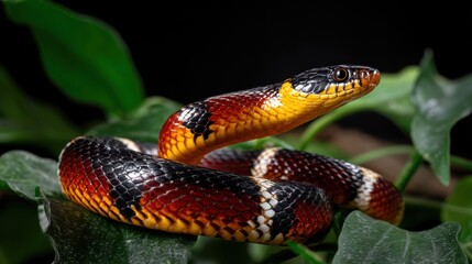 Fototapeta premium Vibrant snake with striking patterns resting on green leaves