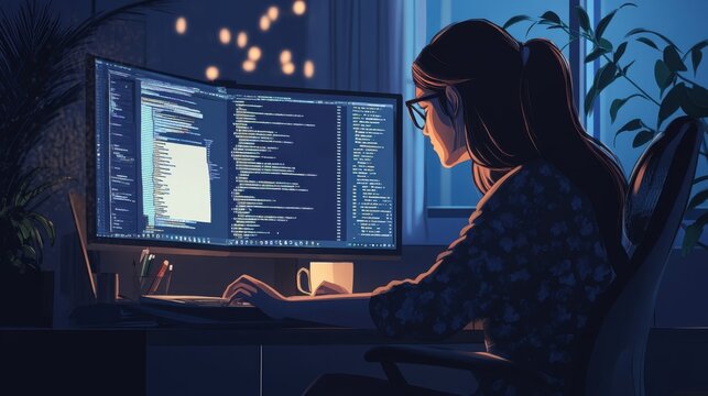 woman working late on computer with code on screen