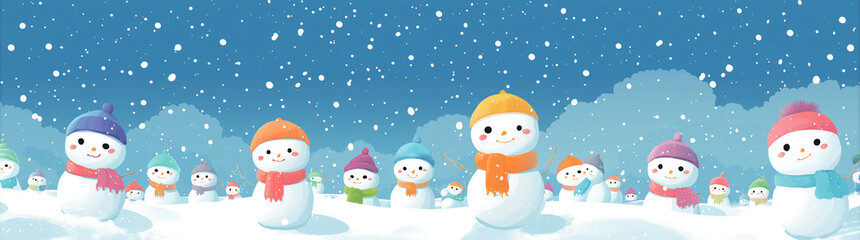 Fototapeta premium a group of snowmen with different hats and scarves, standing in the falling snow on a snowy background. the sky is blue with soft light, creating an atmosphere full of joy for christmas and new year's