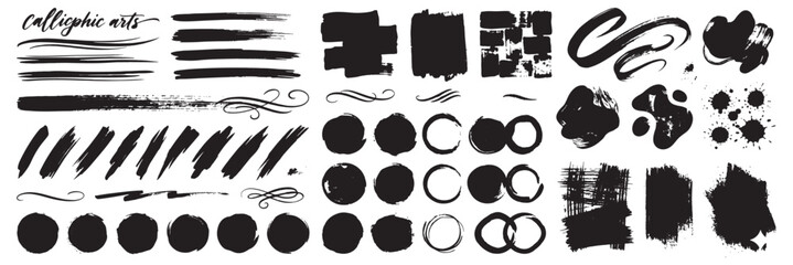 Hand drawn brush strokes vector set with doodle underlines strikethrough lines calligraphic ink pen marks rough scribble emphasis highlights and black marker paint borders. Crayon handdrawn bright red © Hike Studio 2