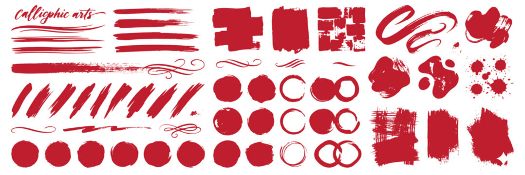 Hand drawn brush strokes vector set with doodle underlines strikethrough lines calligraphic ink pen marks rough scribble emphasis highlights and black marker paint borders. Crayon handdrawn bright red