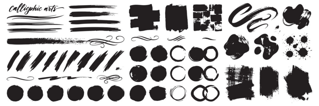 Hand drawn brush strokes vector set with doodle underlines strikethrough lines calligraphic ink pen marks rough scribble emphasis highlights and black marker paint borders. Crayon handdrawn bright red