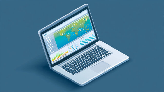 Modern laptop displaying digital global map with analytics in cool blue tones for technology and business use