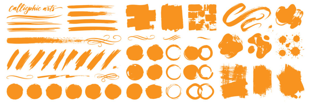 Black ink brush strokes set with various grunge shapes and lines isolated on white for artistic design elements. Brush paint stroke line set. Straight and wavy black vector stripes. Dry touch texture 