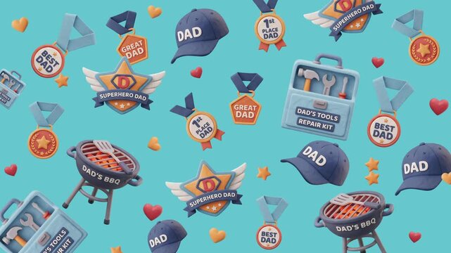 Soft Father's Day concept featuring awards, tools, barbecue grills, and orange hearts.
