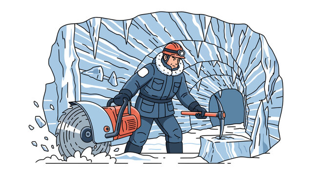 Ice Rescue Operation: A determined rescuer, clad in cold-weather gear, uses a powerful circular saw and ice pick to navigate through a frozen cave.