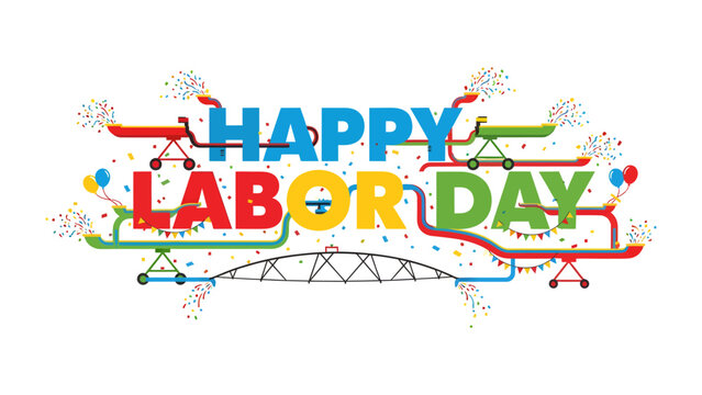 Happy Labor Day Celebration: A vibrant and festive graphic illustration depicting Happy Labor Day with colorful elements, confetti, balloons, and a stylized bridge.