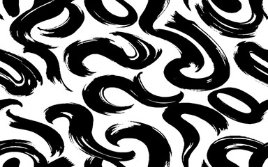 Fototapeta premium seamless vector pattern featuring dynamic, smooth black brush strokes on a clean white background. The strokes should form abstract, elegant swirls, loops, and flowing waves with a hand-painted ink.