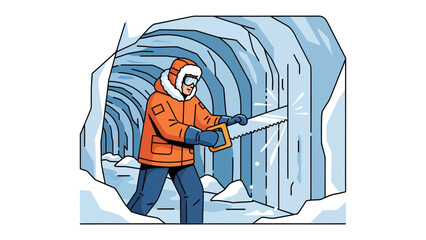 Ice Harvesting Expedition: An explorer in an orange parka and goggles uses a large hand saw to cut through a massive block of ice in a frozen cave. © Hussain