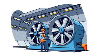 Industrial Fan System: An engineer in a hard hat and safety vest stands by two massive industrial fans in a large building, overseeing a powerful ventilation or air movement system. © Ajhar234