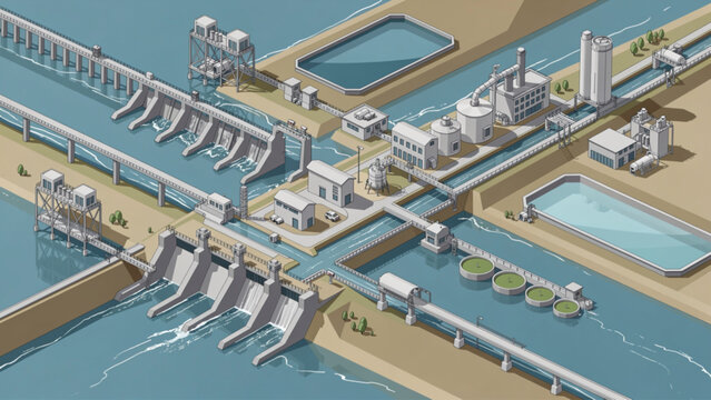 Isometric view of a large modern hydroelectric dam with power stations and water reservoirs
