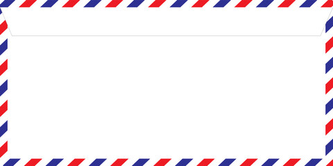 Obraz premium Airmail Envelope frame images with strips. International vintage letter border. Retro air mail postcard with blue and red stripes. Empty classic postal frame. Vector illustration