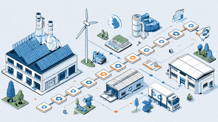 Fototapeta premium Futuristic eco-friendly factory scene with solar panels wind turbines and electric trucks in a clean industrial environment