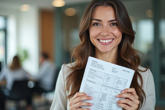 Close-Up of Woman Smiling and Holding Payroll Check in Office Setting