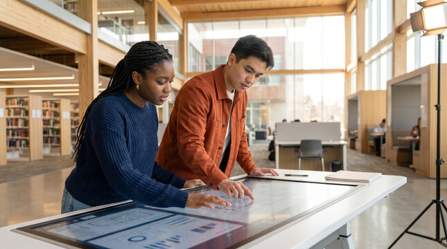 Two diverse students collaborating on an interactive digital drafting table, representing modern STEM education and university enrollment.