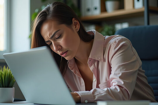 Intense close-up of a woman experiencing discomfort while sitting at a computer, showcasing tense neck muscles and strained posture.