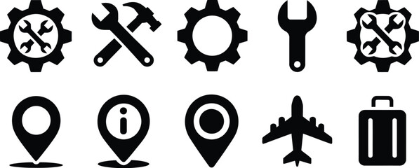 Industrial service and travel solid glyph icon set featuring repair tools gears map pin pointers airplane and luggage vector elements © Sumaiya