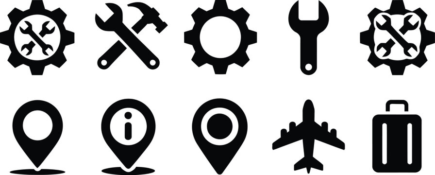 Industrial service and travel solid glyph icon set featuring repair tools gears map pin pointers airplane and luggage vector elements