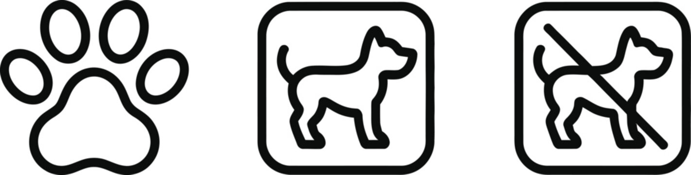 Pet friendly and no dogs allowed line icon set featuring animal paw print dog allowed zone and restricted prohibition symbols