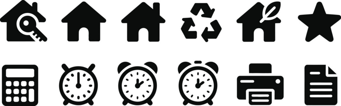 Real estate and office solid glyph icon set featuring houses keys calculator alarm clocks printer documents recycling and star elements