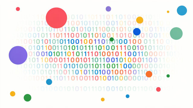 Digital binary code matrix with colorful floating circles representing data flow