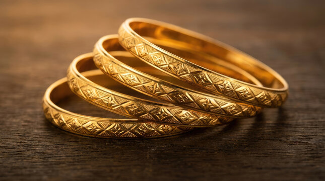 Elegant gold bangles stacked together, showcasing intricate designs and warm glow