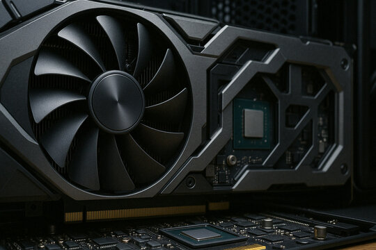 Close up of powerful graphics card cooling fan and circuit board for gaming computer hardware technology concept