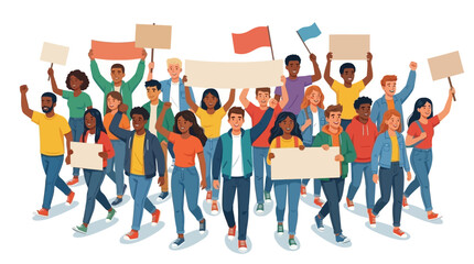 Fototapeta premium Diverse group of people protesting with blank signs in a vibrant and lively atmosphere.