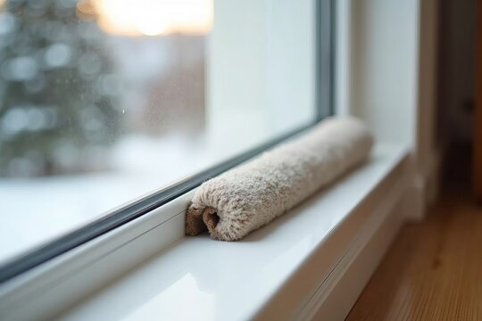 Draft Excluder in Action: Keeping Cold Air Out with a Close-Up Shot Under a Window