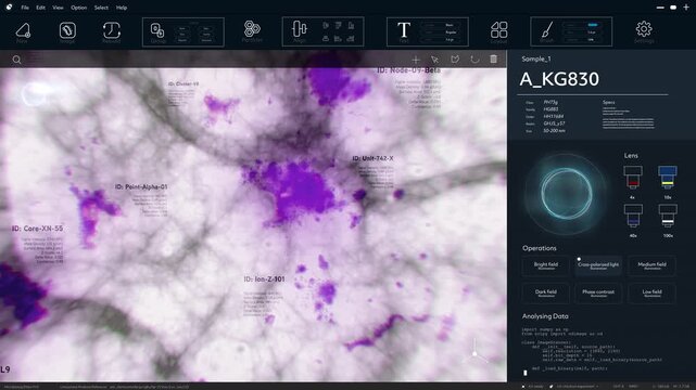 Advanced Medicine: AI Microscopy Application Scans Vivid Cellular Structures and Biological Specimens, Tagging Molecular Nodes and Protein Clusters to Drive Pioneering Pharmaceutical Research.