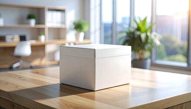 Plain white cardboard box centered on a wooden desk in a bright, sunlit office, ready for customization or shipping