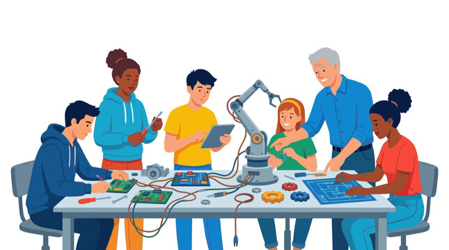 Diverse group of students and teacher working with robotics and electronics on a table in a classroom