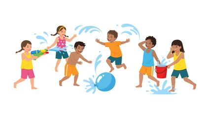 Fototapeta premium Summer Splash: Children revel in the joy of a water fight, playfully drenching each other with water guns, buckets, and a water balloon amidst bursts of splashes and laughter.
