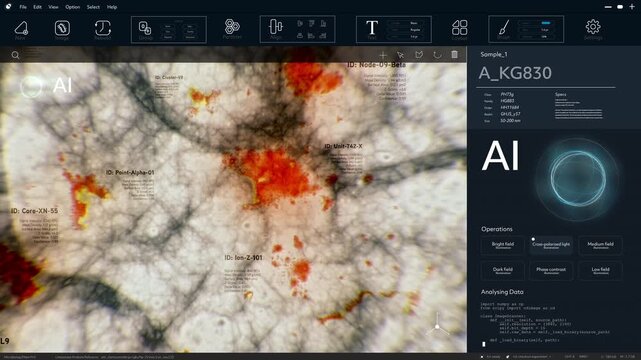 AI Software Perfroams Medicine Research and Drug Development, Target Disease, Offer Custom made Treatment, Cure Discovery Through a Health Care Interface. Mockup Future Health Care Concept