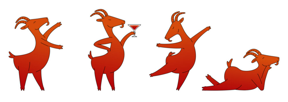 Set of red goats in Chinese style in different funny poses, symbol of 2027 year vector illustrations set isolated on white.