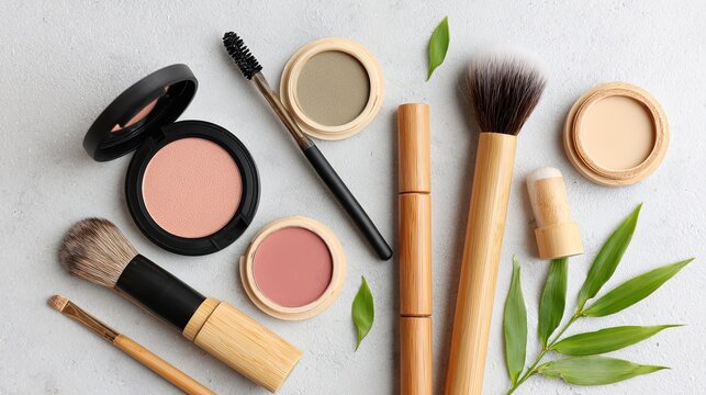 Various makeup brushes and pressed powder cosmetic products arranged with green leaves on a textured grey background surface
