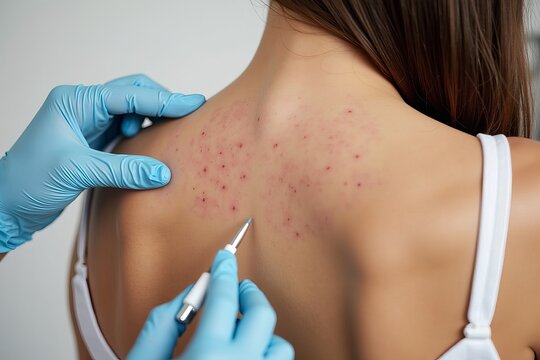 Dermatologist conducting close-up examination of woman's back for skin issues including allergies, pigmentation, and melanoma detection.