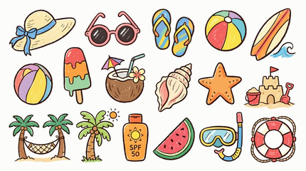 Collection of colorful summer vacation icons and symbols, perfect for beach and travel themes. © Vena