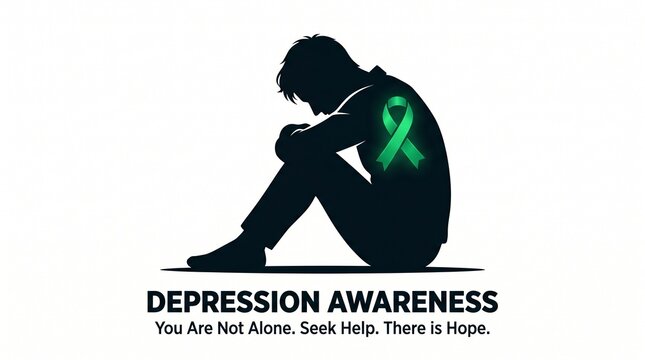 Depression awareness concept with a sad person and ribbon depression awareness