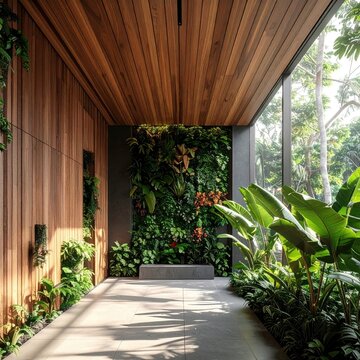 Modern Architectural Walkway with Lush Vertical Garden and Natural Wood Accents.